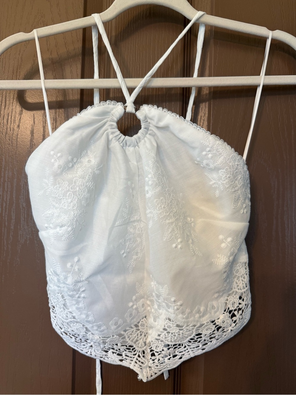 Women’s White Embroidered Halter Tie-Back Top